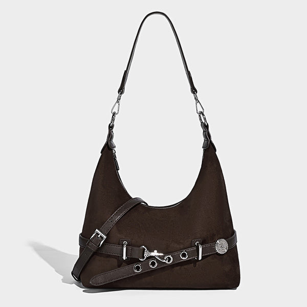 Hobo-Schultertasche in Dunkelbraun mit Veloursleder-Finish, silberner Gürtelschnalle und Ösenbeschlägen, verstellbarem Riemen, Detailansicht 6