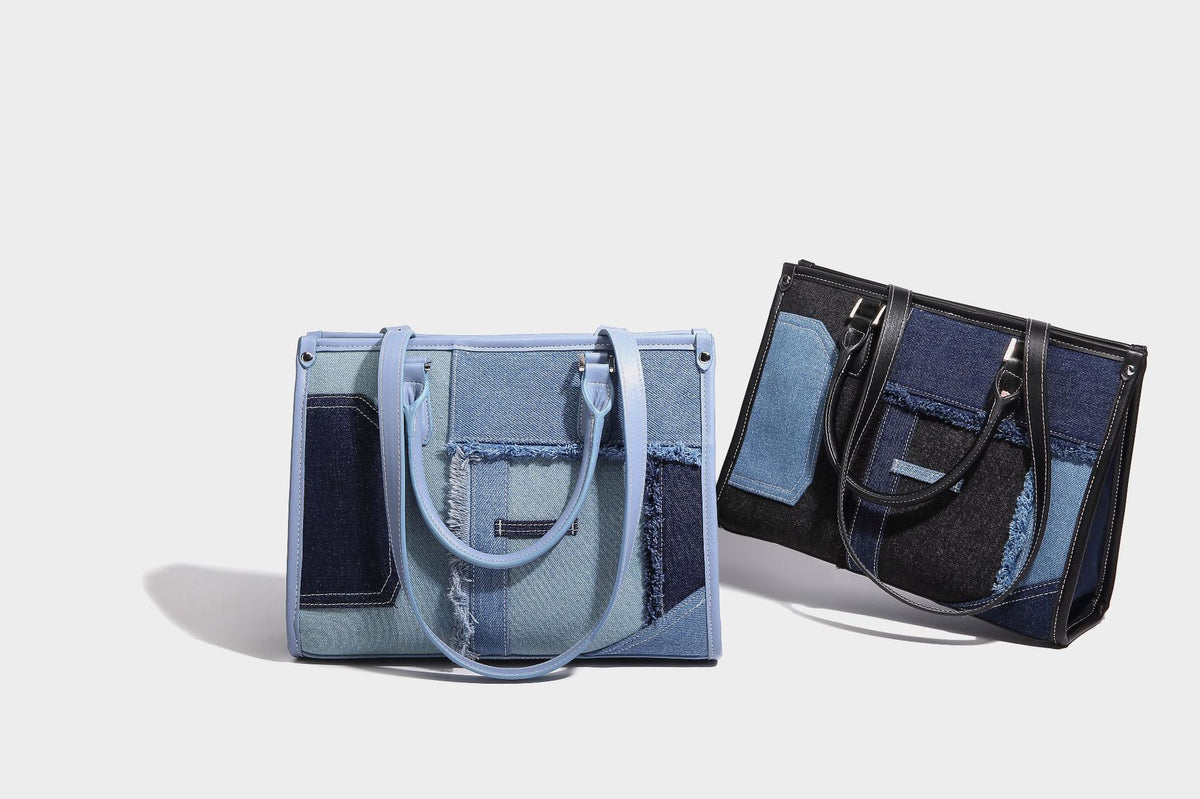 Structured patchwork denim tote bag with frayed panel seams, dual top handles, and silver-tone hardware, detail view 27