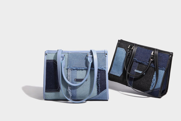 Structured patchwork denim tote bag with frayed panel seams, dual top handles, and silver-tone hardware, detail view 27