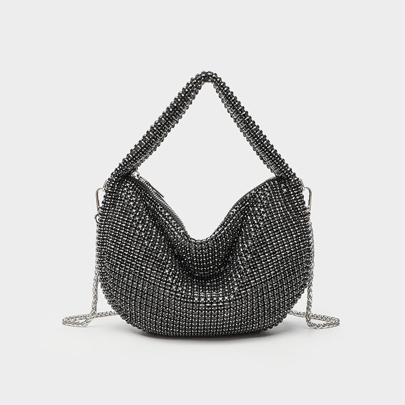 All-over crystal rhinestone hobo bag with silver chain strap and top handle, top zip closure, detail view 3