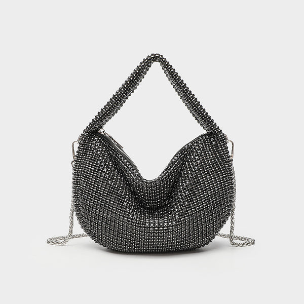 All-over crystal rhinestone hobo bag with silver chain strap and top handle, top zip closure, detail view 3