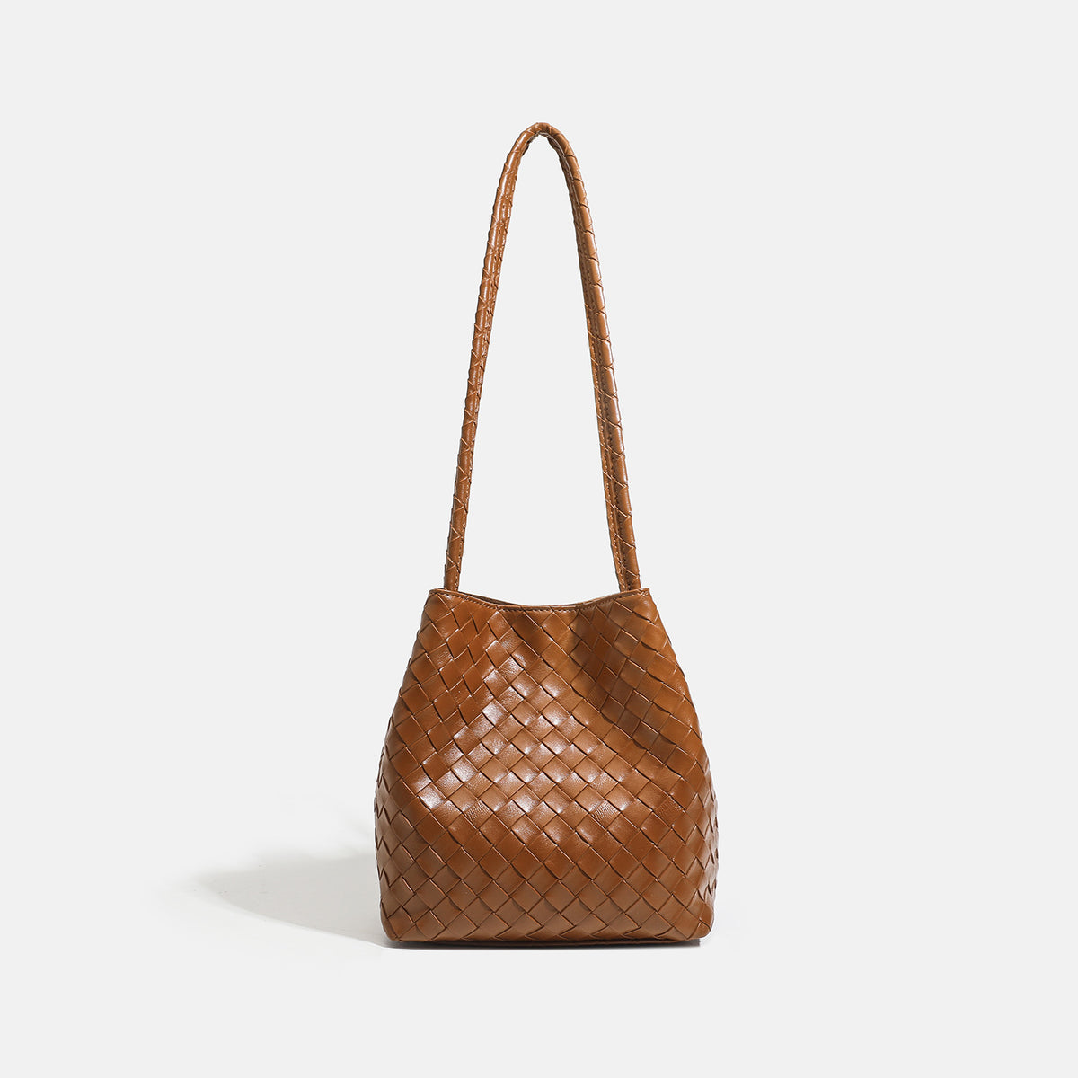 Glossy basket-weave leather-look shoulder tote bag with long braided straps and open top, detail view 8