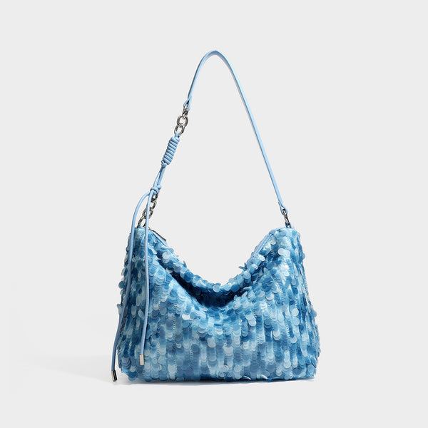 Slouchy paillette sequin hobo shoulder bag with zip closure and adjustable leather-look strap with silver chain hardware