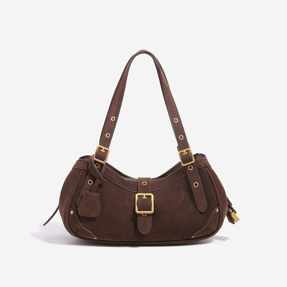Slouchy pebbled leather-look underarm hobo bag with antique gold-tone square buckle, grommet-studded adjustable shoulder