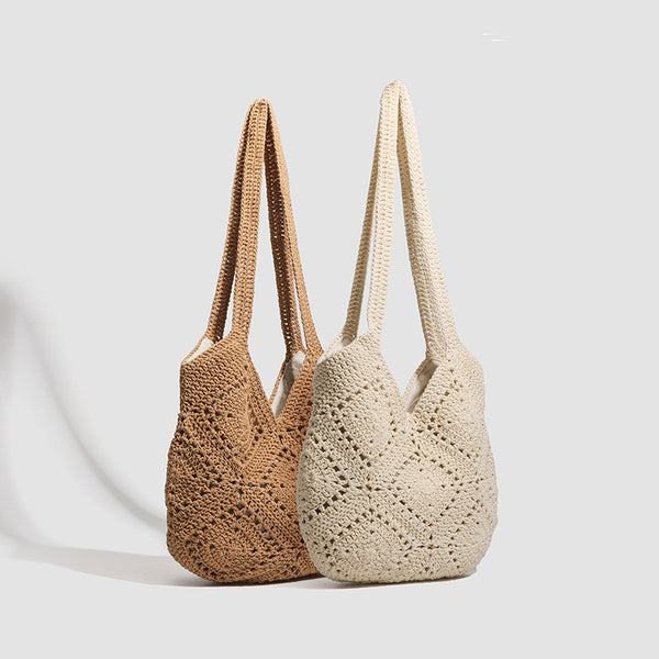 Gehäkelte Schulter-Tote-Bag mit offenem Flechtmuster, Stofffutter und langen Schulterriemen, Detailansicht 2