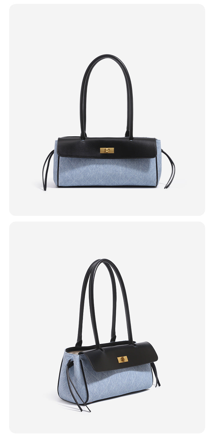 Structured rectangular baguette shoulder bag with diamond quilted lower panel, smooth flap, gold-tone turn-lock closure