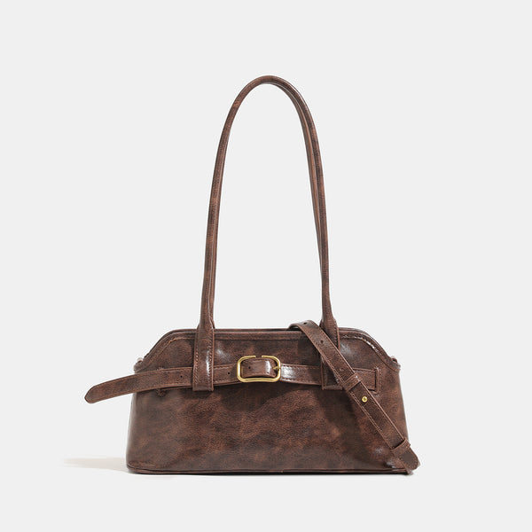 Kleine strukturierte Retro-Schultertasche mit Schnallendetail am Riemen, zwei Tragegriffen und goldfarbenen Beschlägen, Detailansicht 8