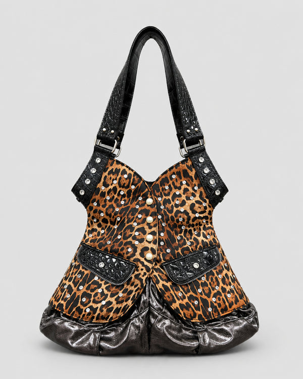 Corset-silhouette leopard-print shoulder bag with crystal and pearl-look stud hardware, front zip flap pockets, and, detail
