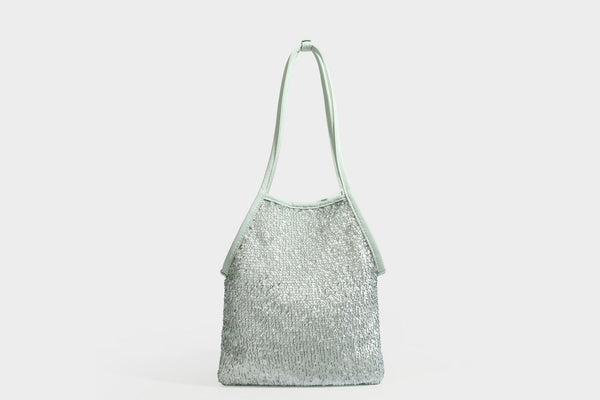 Kleine Schulter-Tote-Bag mit Pailletten, langem Metallic-Riemen und trapezförmiger Silhouette, Detailansicht 27