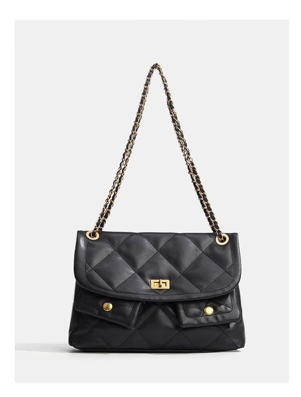 Quilted diamond flap shoulder bag with gold-tone chain strap and twist-lock closure, detail view 12