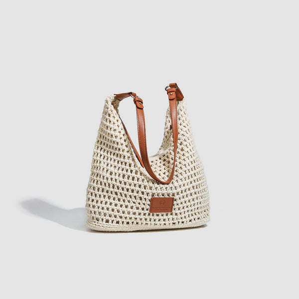 Cream open-weave crochet hobo shoulder bag with tan leather-look strap and gold-tone ring hardware, detail view 3