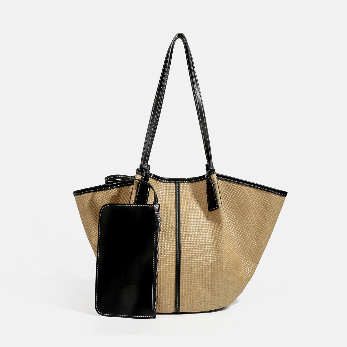 Tan woven tote bag with contrasting leather-look trim, long shoulder straps, and detachable rectangular zip pouch, detail