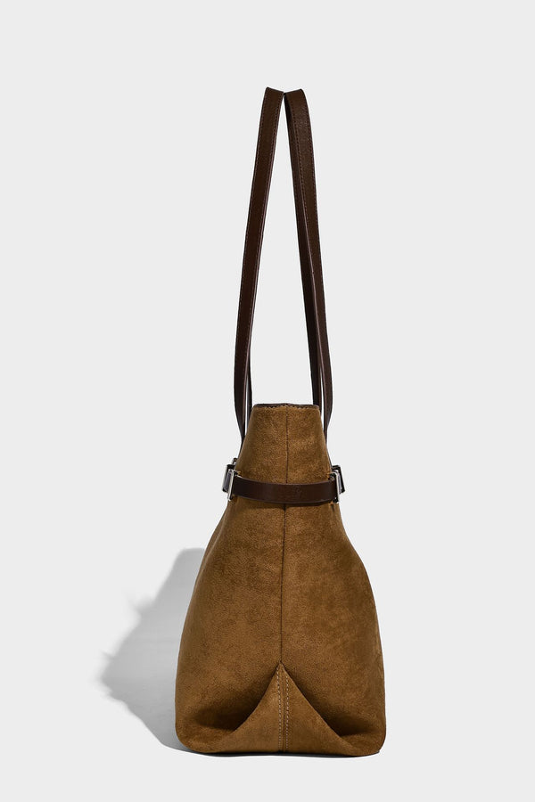 Structured suede-look shopper tote with wraparound belt strap and gold turn-lock clasp, long dark brown shoulder handles