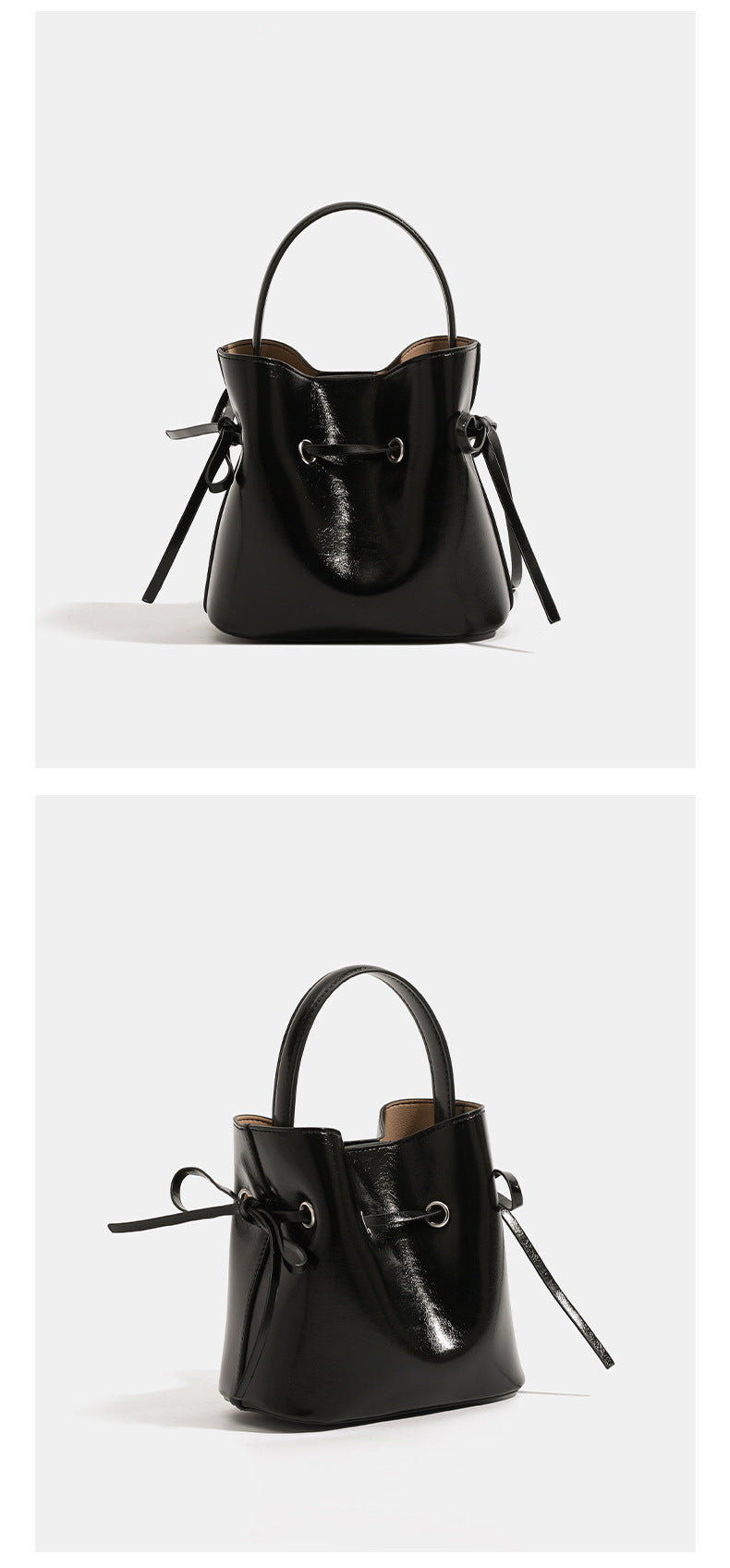 Compact glossy leather-look bucket bag with drawstring bow-tie closure, rounded top handle, and silver-tone grommet hardware