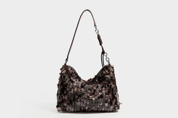 Slouchy paillette sequin hobo shoulder bag with zip closure and adjustable leather-look strap with silver chain hardware