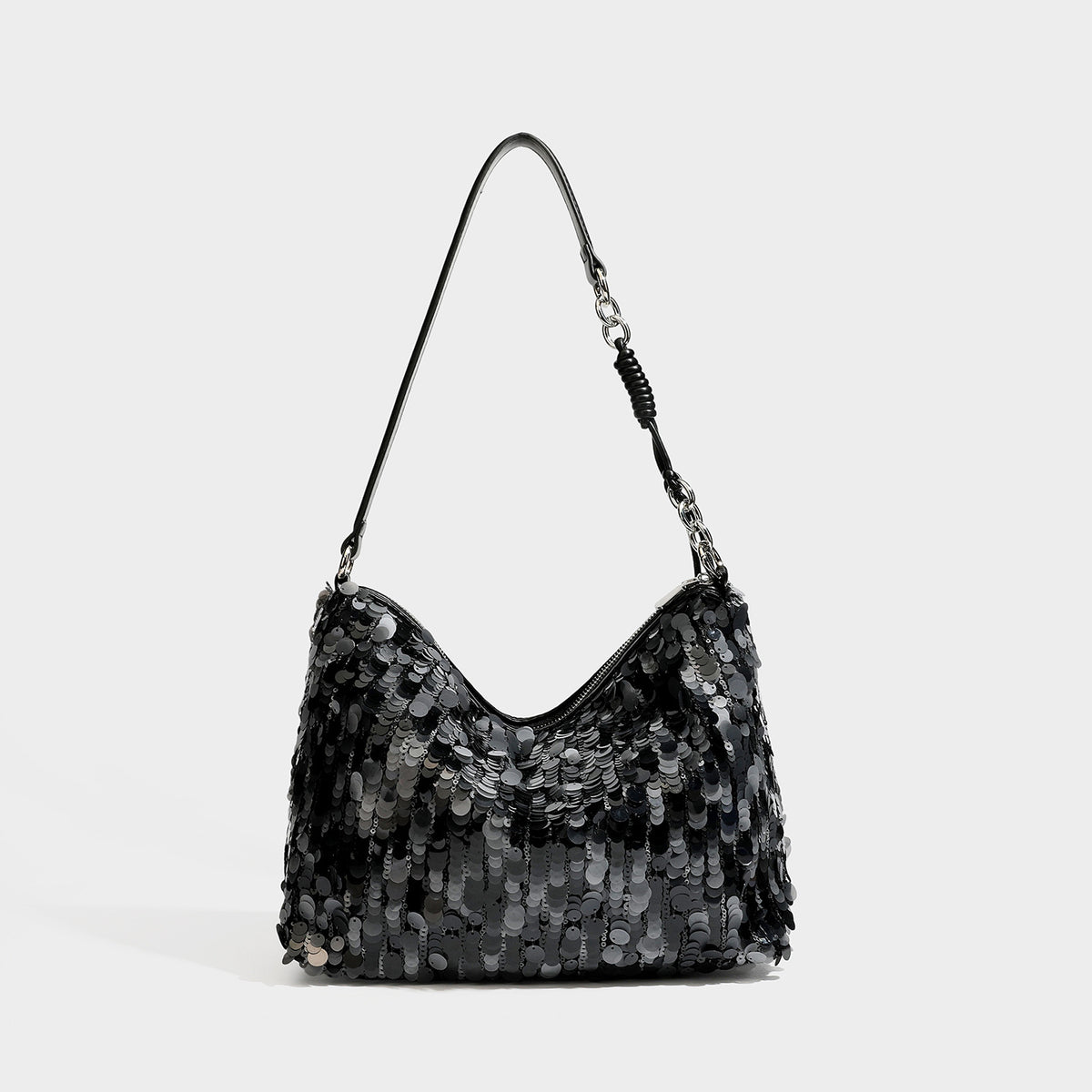 Slouchy paillette sequin hobo shoulder bag with zip closure and adjustable leather-look strap with silver chain hardware