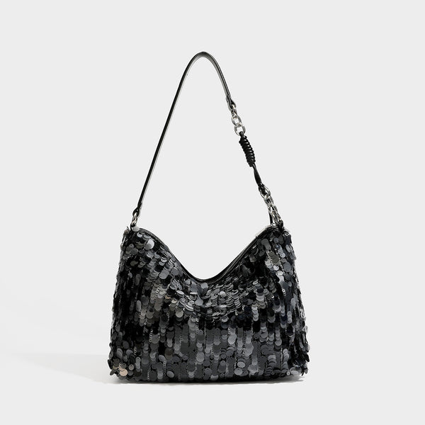 Slouchy paillette sequin hobo shoulder bag with zip closure and adjustable leather-look strap with silver chain hardware