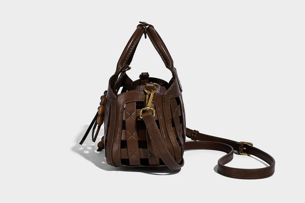 Small structured woven lattice top-handle satchel bag with bead-and-tassel charm and gold-tone hardware, detail view 18