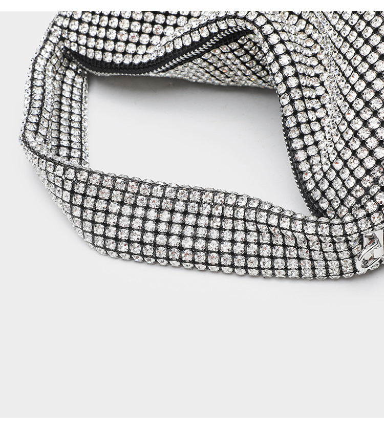 All-over crystal rhinestone hobo bag with silver chain strap and top handle, top zip closure, detail view 15