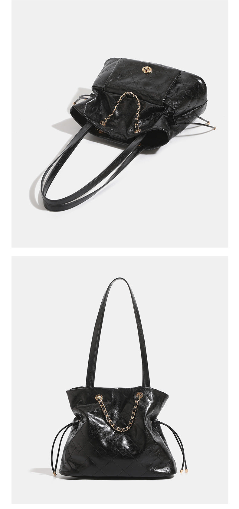 Black glossy diamond-quilted bucket tote bag with gold-tone chain accent, turn-lock front flap pocket, drawstring side ties