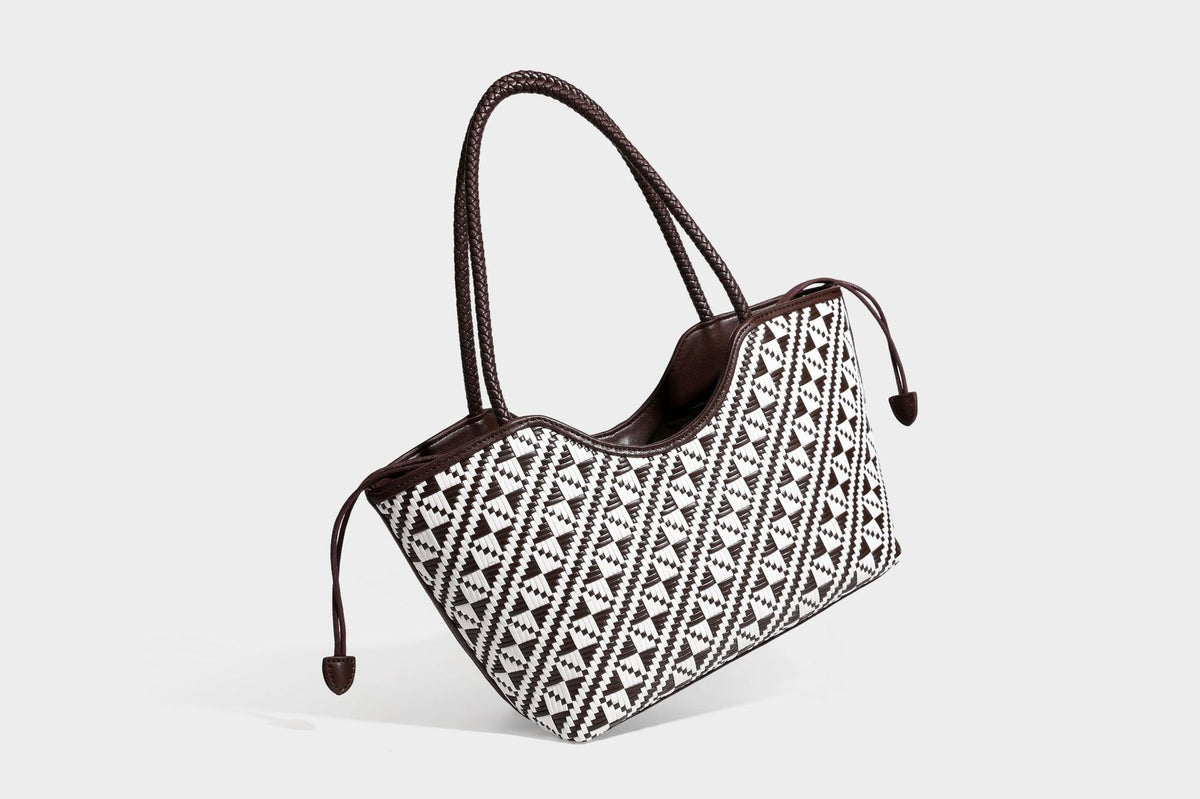 Woven geometric two-tone tote bag with braided shoulder straps and leather-look trim, detail view 43