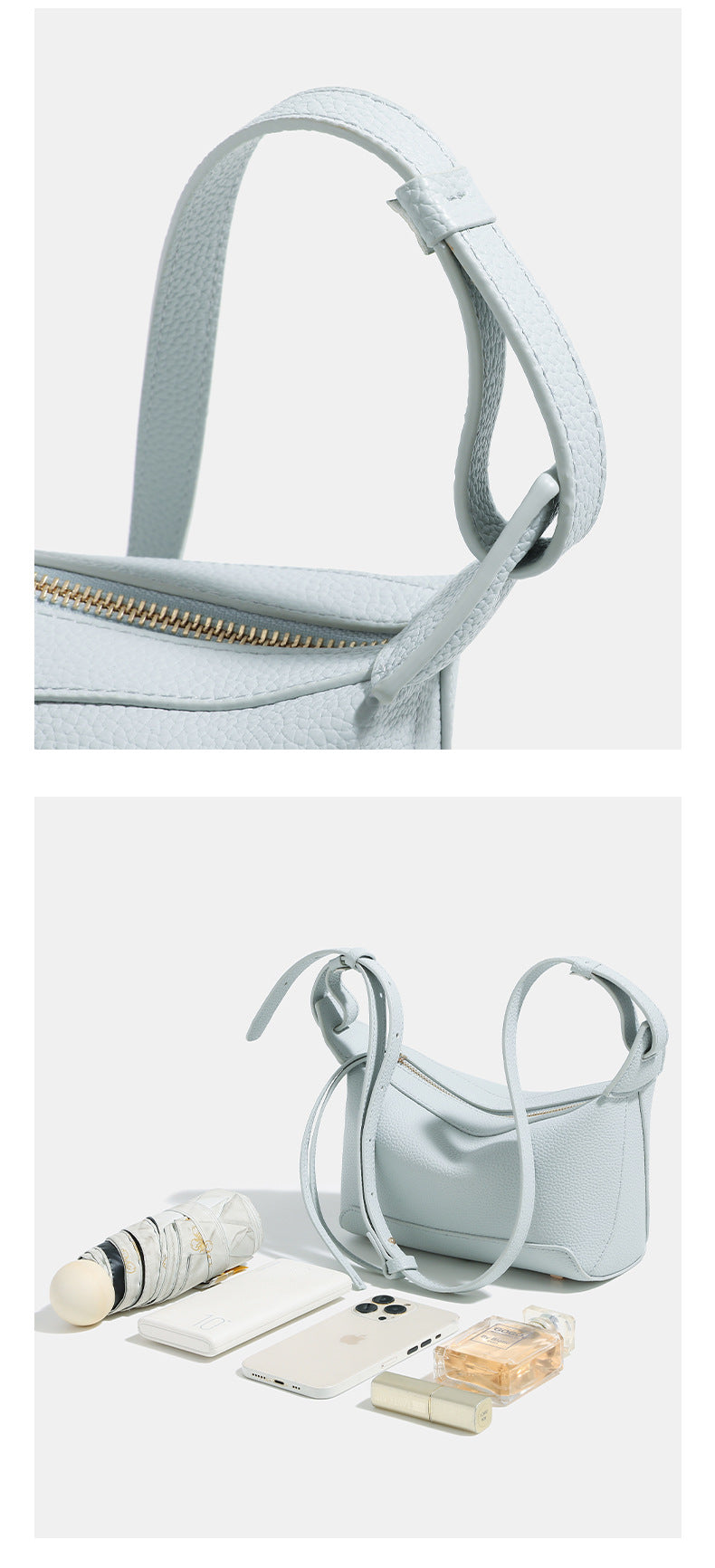 Small structured mini crossbody shoulder bag with pebbled texture, knotted adjustable strap, top zip closure, and gold-tone