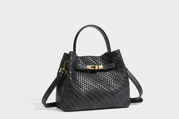Structured woven leather-look bucket bag with gold-tone turn-lock hardware and detachable shoulder strap, detail view 44