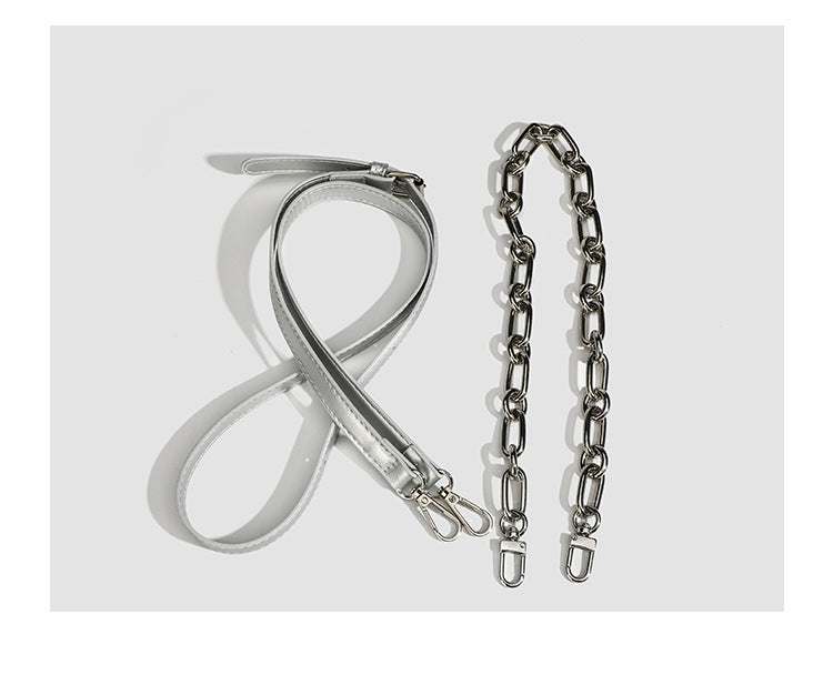 Small ruched satin-finish cloud bag with elasticized drawstring top, short top handle, and chunky silver-tone chain strap