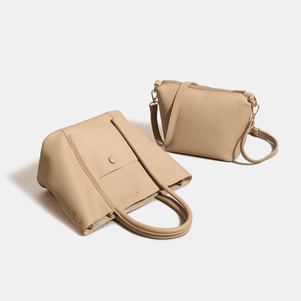 Structured pebbled matte tote bag with front snap pocket, dual top handles, and detachable zip pouch in almond beige, detail