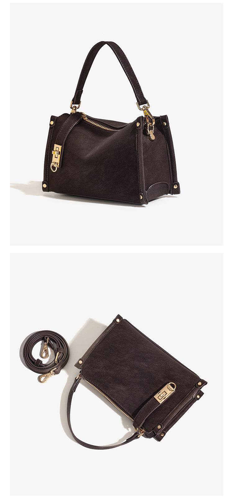 Small structured square handbag in deep dark brown matte pebbled finish with gold-tone turn-lock clasp, top zipper, corner