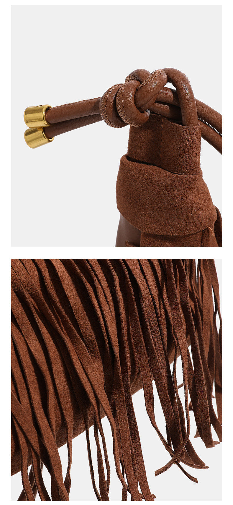 Slouchy fringe hobo shoulder bag in matte suede-like finish with tie-knot cord strap and gold-tone zip closure, detail view