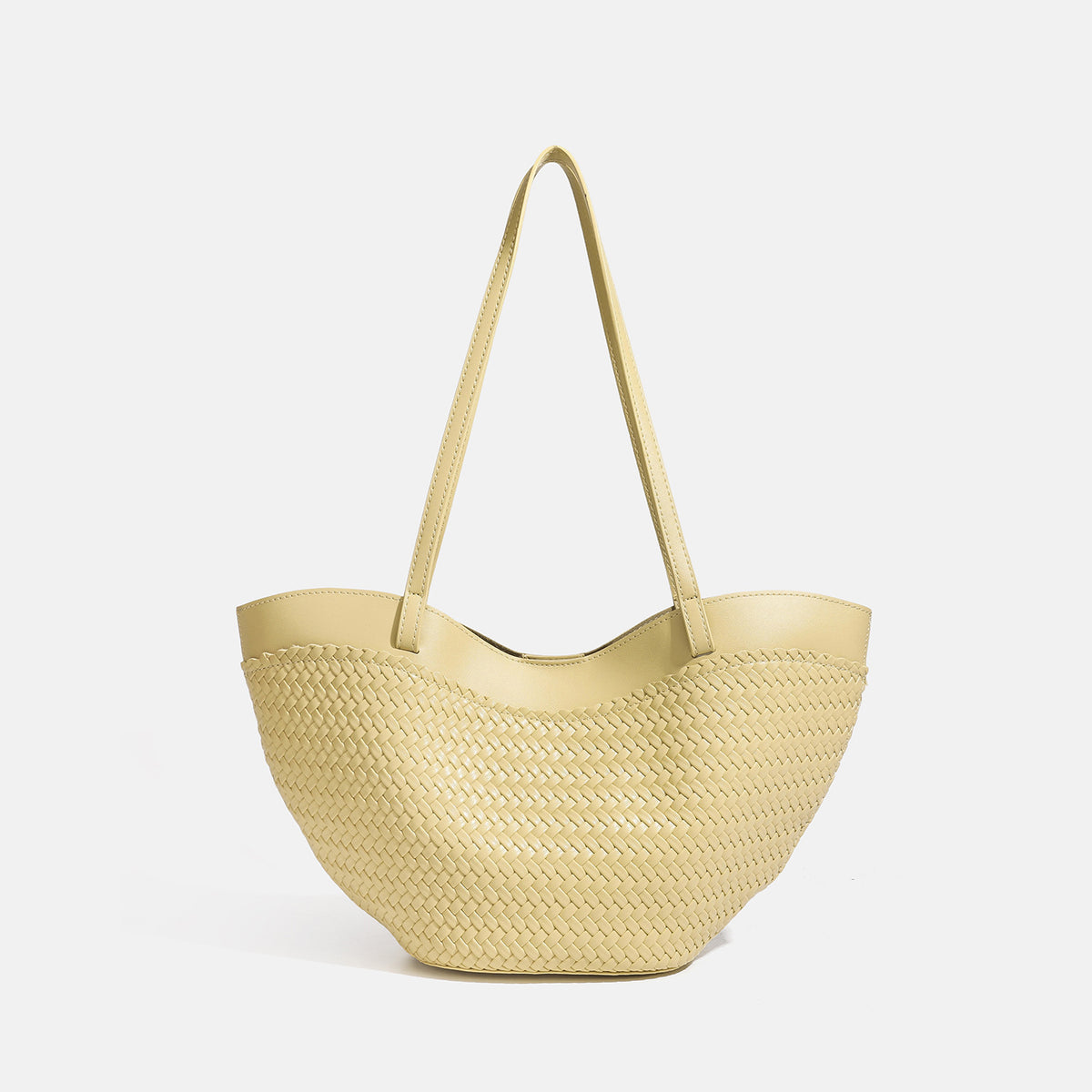 Große schwarze gewebte Tote-Bag mit glatten Besätzen in Lederoptik, langen doppelten Schulterriemen und geschwungener Silhouette, Detailansicht 7