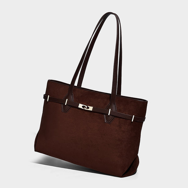 Structured suede-look shopper tote with wraparound belt strap and gold turn-lock clasp, long dark brown shoulder handles