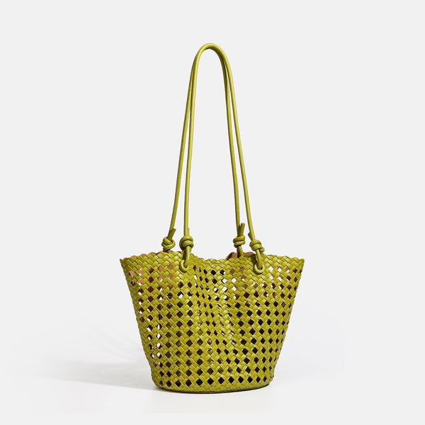 Open-weave lattice bucket tote bag with long knotted cord handles and tapered silhouette, detail view 2