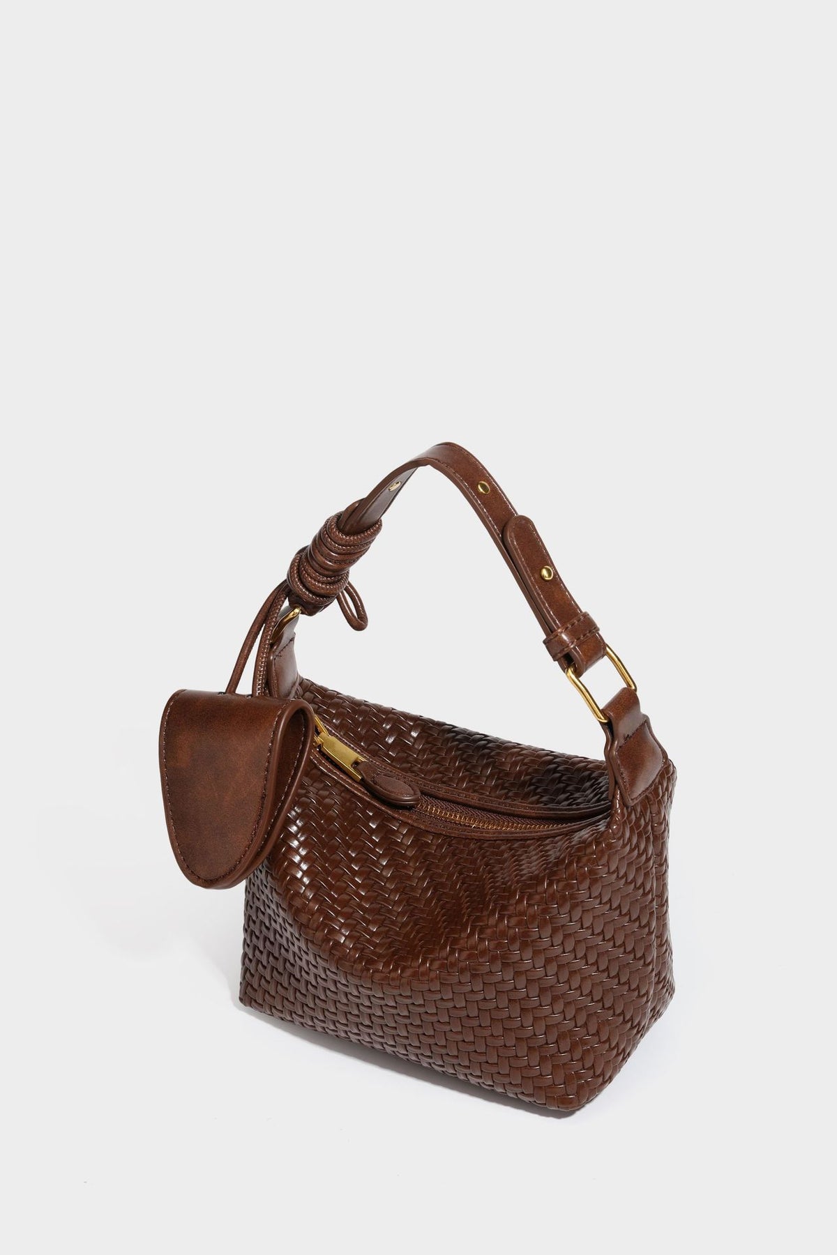Small glossy basket-weave hobo shoulder bag in brown with knotted top handle, flap accent pocket, and gold-tone hardware