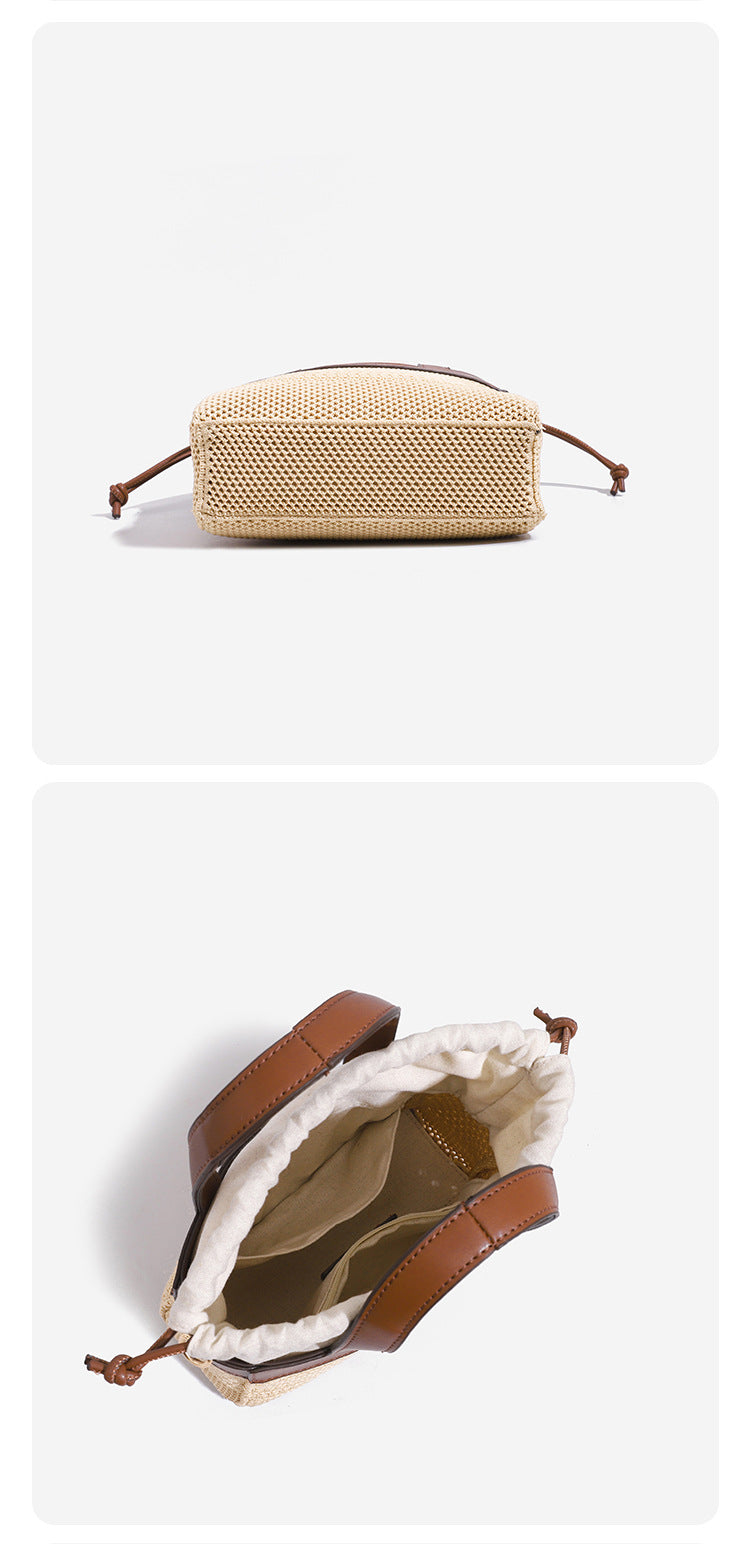 Small woven open-weave bucket bag with brown leather-look trim, cream gathered drawstring lining, dual top handles, and