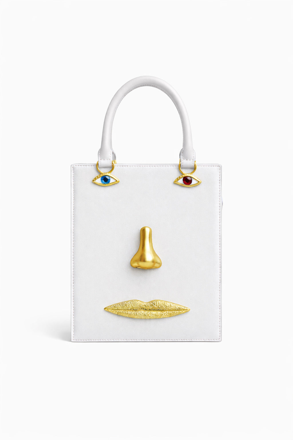 Structured rectangular top-handle bag in tan leather-look finish with gold-tone sculptural face hardware including