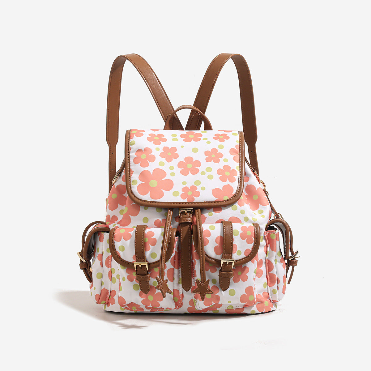 Red floral-print backpack handbag with brown leather-look trim, dual front buckle pockets, star charms, and gold-tone, detail