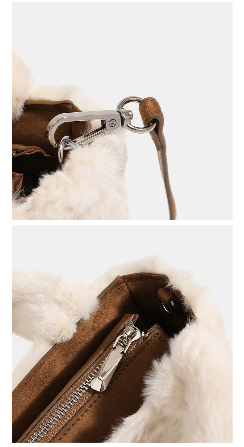 Mini structured handbag with cream faux-fur trim and suede-look textured body, shown with top handles and removable