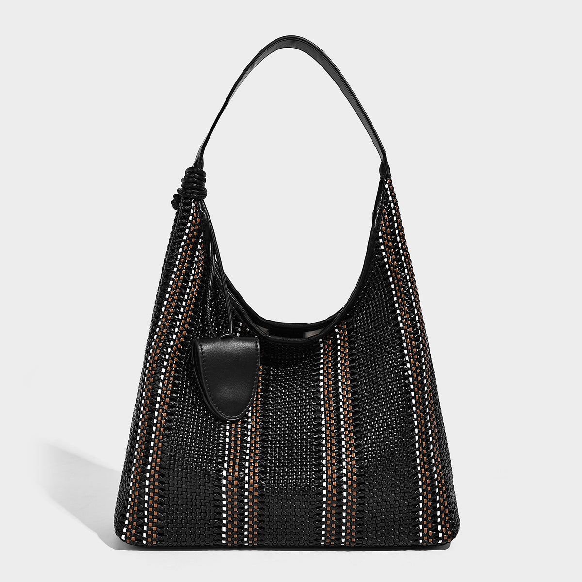 Woven striped slouch shoulder tote bag with knotted strap and attached front flap pouch, detail view 12
