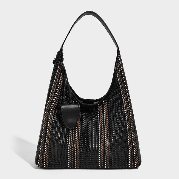 Woven striped slouch shoulder tote bag with knotted strap and attached front flap pouch, detail view 12