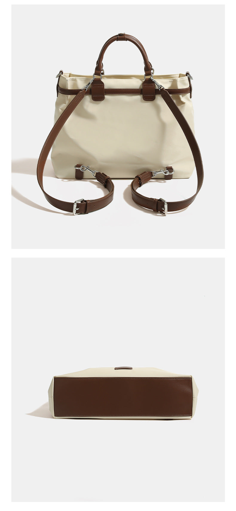 Strukturierte wandelbare Tote-Bag aus mattem Nylon mit Besatz in brauner Lederoptik, Schnallendetail und Metallbeschlägen in Silberoptik