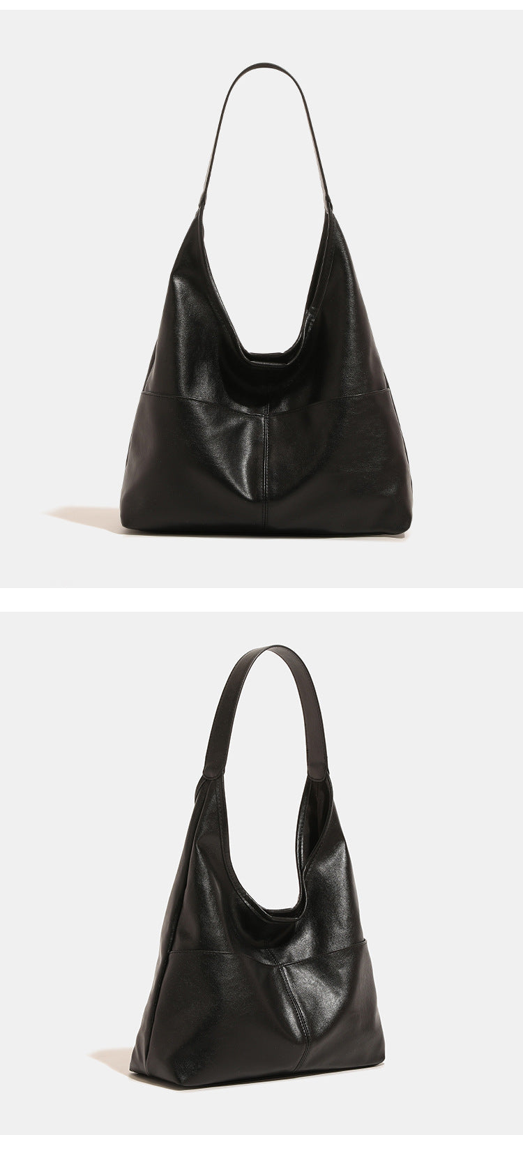 Oversized slouchy hobo tote bag in dark brown smooth matte leather-look finish with long flat shoulder strap and panelled