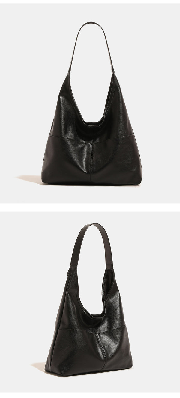 Oversized slouchy hobo tote bag in dark brown smooth matte leather-look finish with long flat shoulder strap and panelled