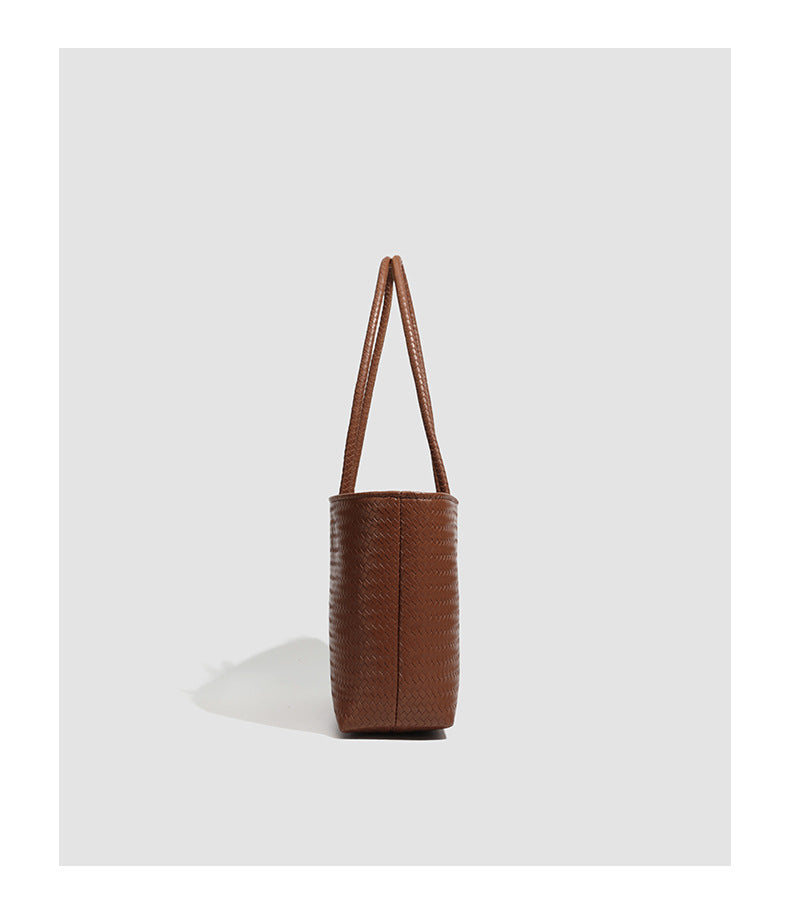 Structured cognac brown woven-texture tote bag with double top handles and open top, detail view 7