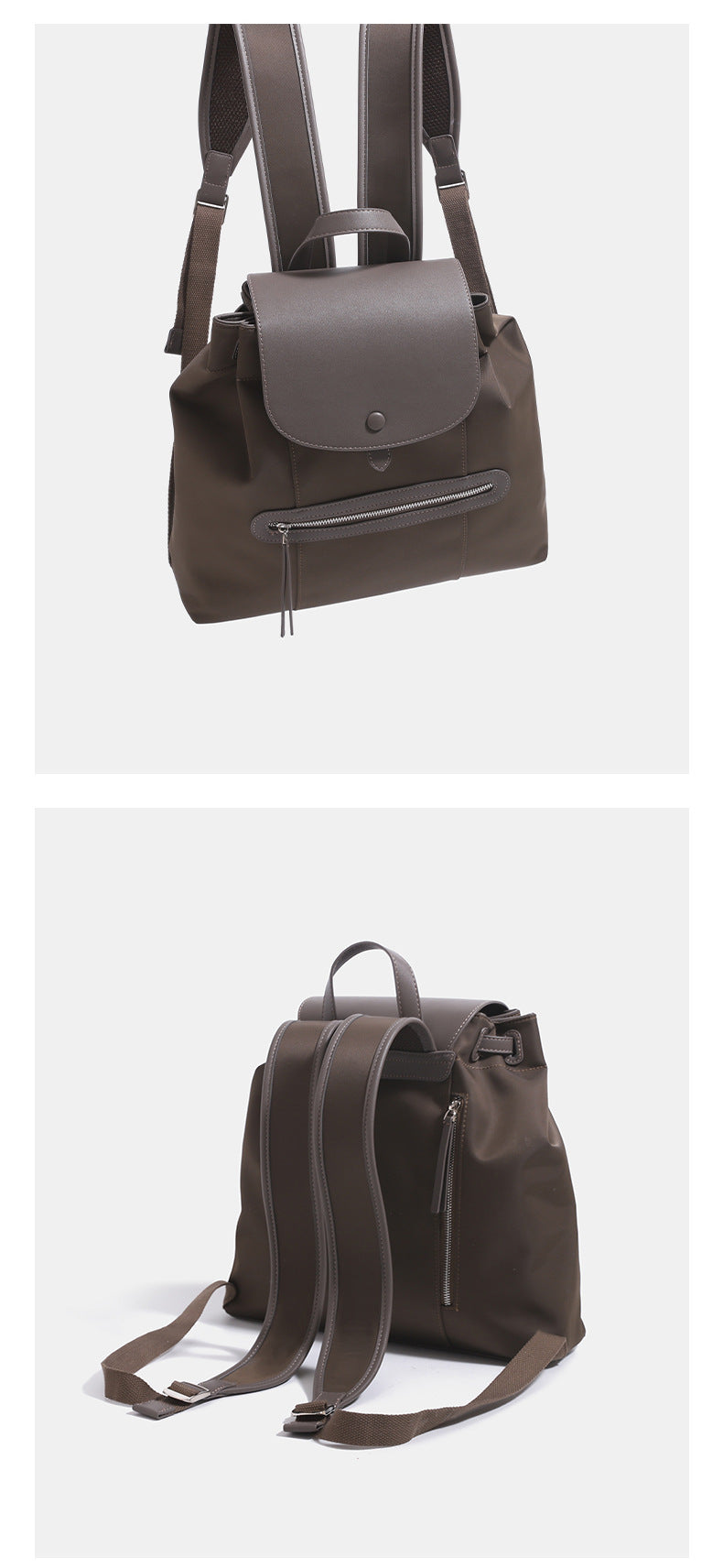 Structured flap backpack handbag with snap closure and front zip pocket, detail view 13