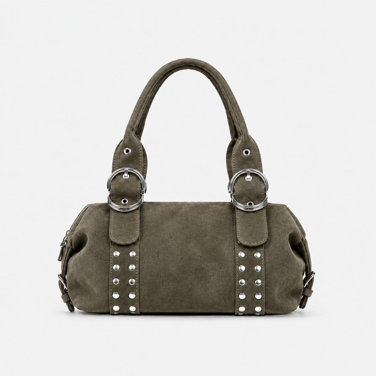 Matte suede-finish barrel bag with silver stud panels, oversized ring hardware, and dual top handles, detail view 17