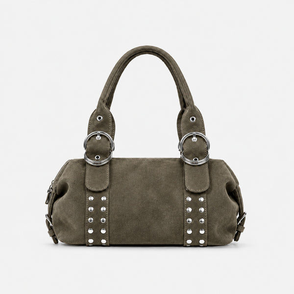Matte suede-finish barrel bag with silver stud panels, oversized ring hardware, and dual top handles, detail view 17