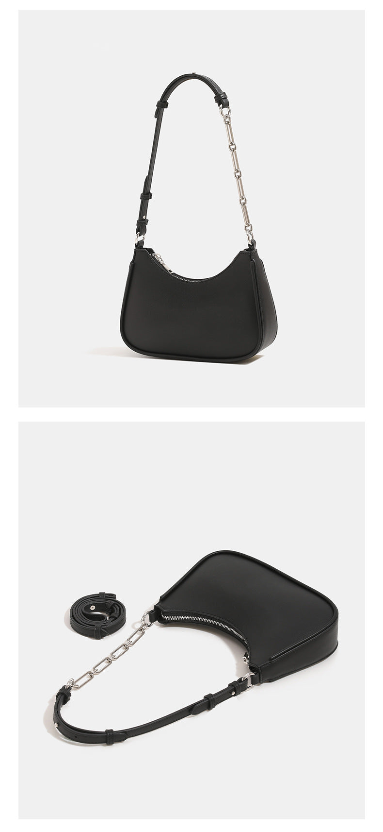 Mini-Schultertasche in Halbmondform mit verstellbarem Ketten-Leder-Riemen und silberfarbenen Beschlägen, Detailansicht 13