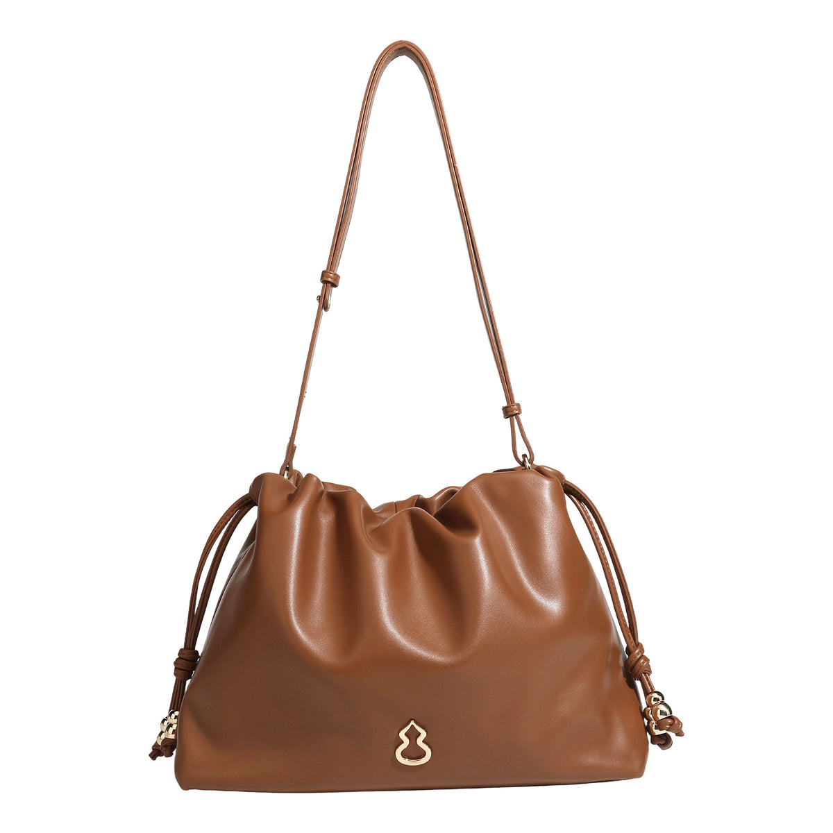 Slouchy ruched drawstring shoulder bag in smooth leather-look finish with gold-tone emblem and slim adjustable strap, detail